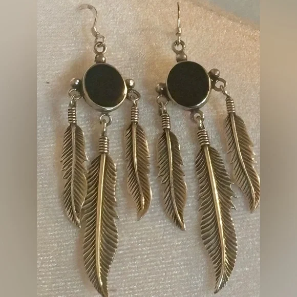 Vintage Black Agate 925 Feather Dangling Earrings - Picture 2 of 8